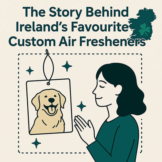Illustration of a woman admiring a custom dog photo air freshener with an outline of Ireland and a shamrock in the background.