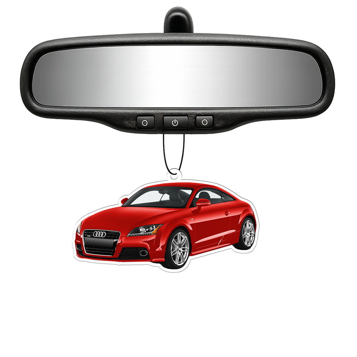 Car air freshener shaped like a red Audi with a car mirror in the background