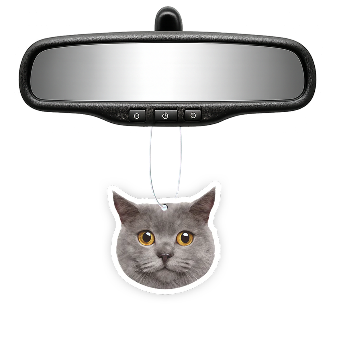 Car air freshener with a cat design hanging from a rearview mirror.