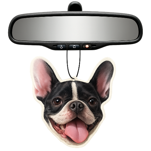 Custom photo pet car air freshener shaped like a dog's face hanging from a car mirror.