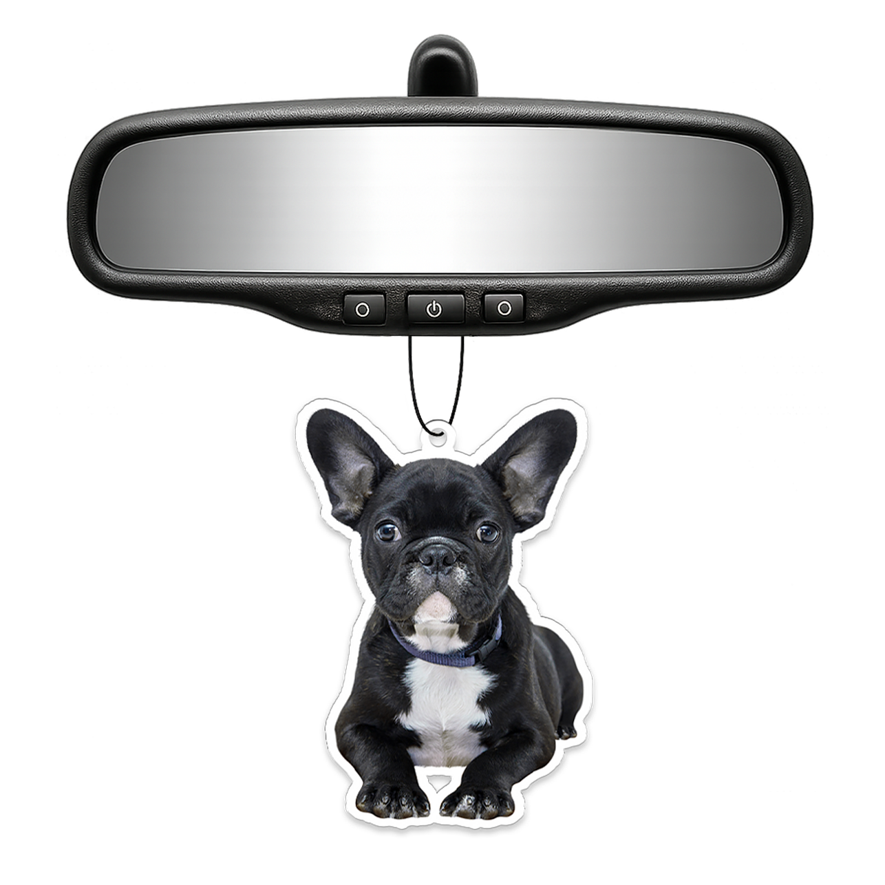 Car rearview mirror with a black and white dog air freshener attached