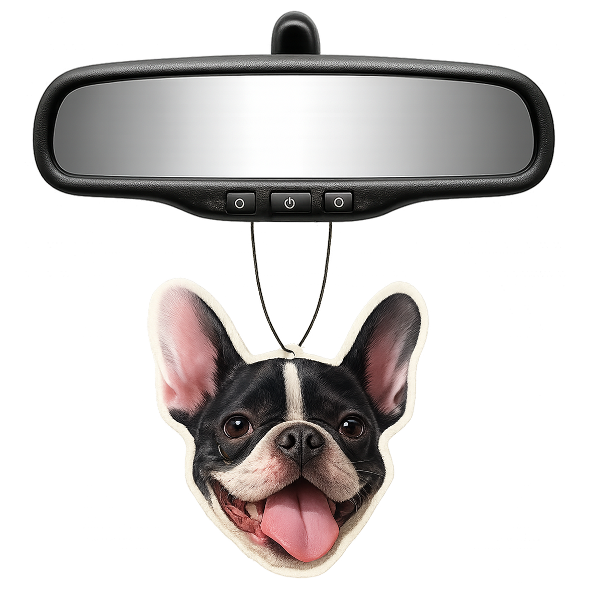 Personalised pet car air freshener shaped like a dog's face hanging from a rearview mirror.
