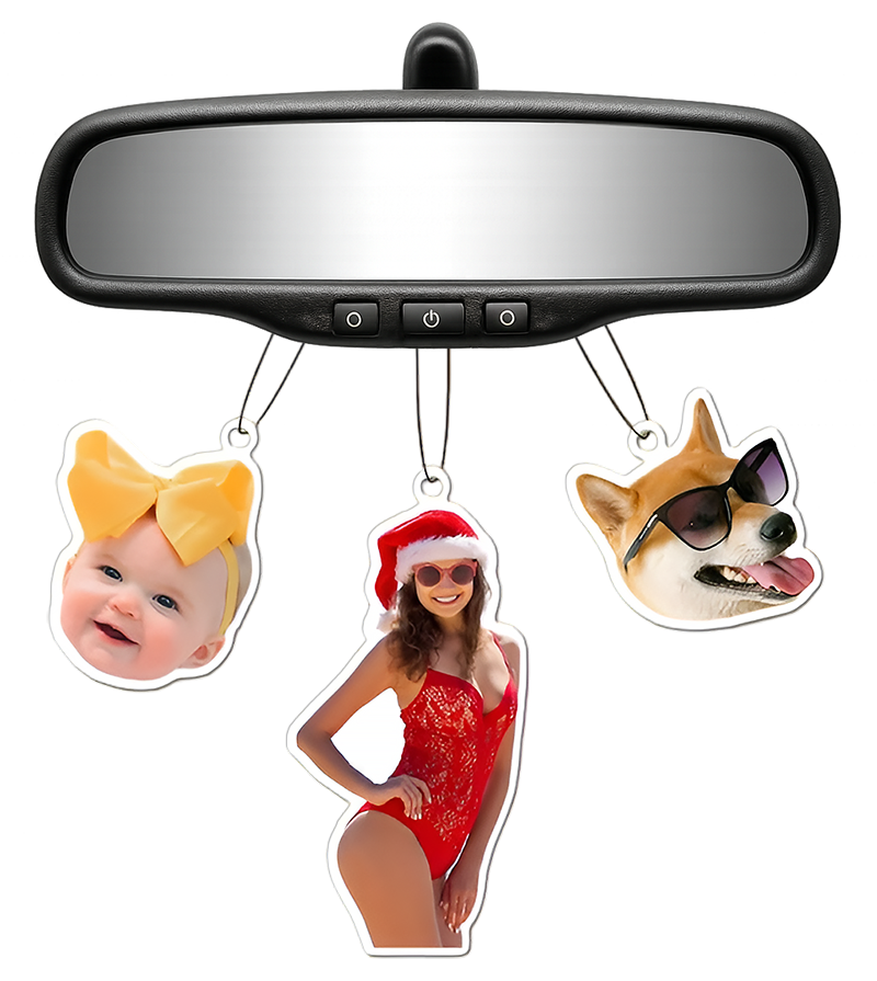 Custom photo car air freshener hanging on rearview mirror, handcrafted in Ireland