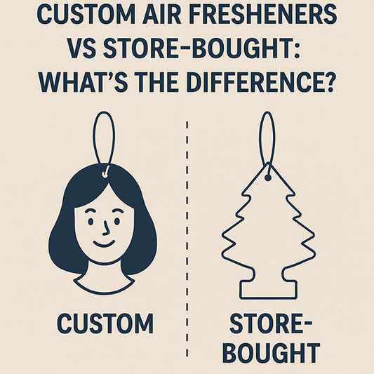 Infographic-style comparison showing a custom photo air freshener on one side and a generic store-bought tree-shaped freshener on the other, highlighting differences in design, scent quality, and personalization.