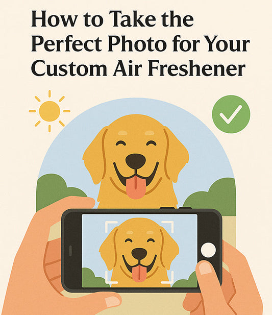 Illustration of a person taking a clear photo of a happy golden retriever outdoors with a smartphone, ideal for printing on a custom air freshener.