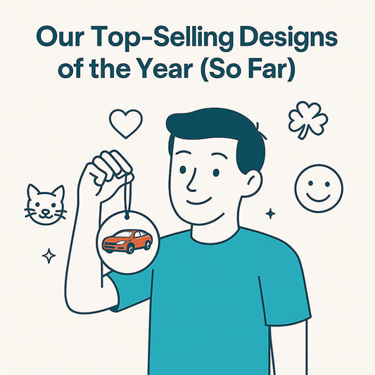 Illustration of a man holding a car-shaped custom air freshener, surrounded by icons like a cat, heart, palm tree, and shamrock.