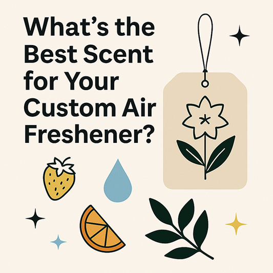 Illustration of a custom air freshener tag with floral design, surrounded by scent icons like a strawberry, orange slice, water droplet, and leaves, next to the text “What’s the Best Scent for Your Custom Air Freshener?