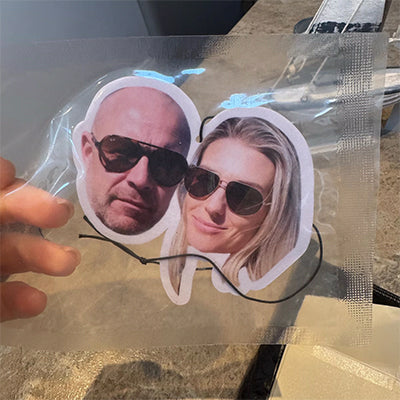 Custom couple photo car air freshener - personalized gift featuring a printed image of two people wearing sunglasses, perfect for anniversaries, weddings, or romantic car decor.