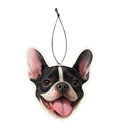 Car personalised air freshener shaped like a dog's face with a black and white design on a white background