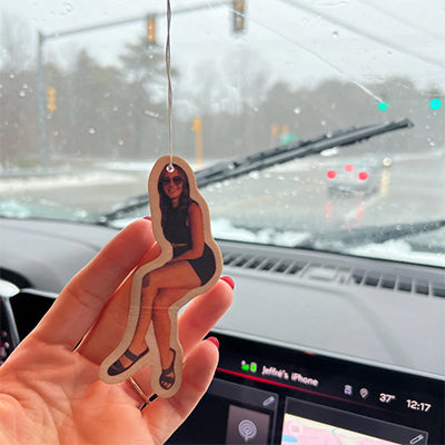 Custom photo car air freshener of a woman in sunglasses - personalized hanging air freshener displayed in a car, great novelty gift or unique dashboard accessory.
